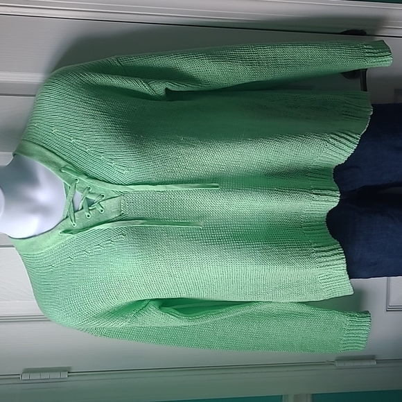 J. Crew Mint Green Beachy Cotton Sweater Lace Up Front | Size Large | NWOT - Picture 1 of 5